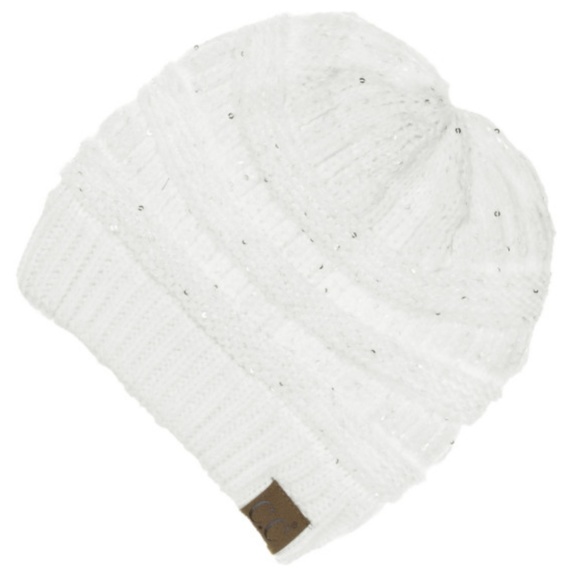 C.C Accessories - C.C Ribbed Beanie Hat with Sequins Ivory